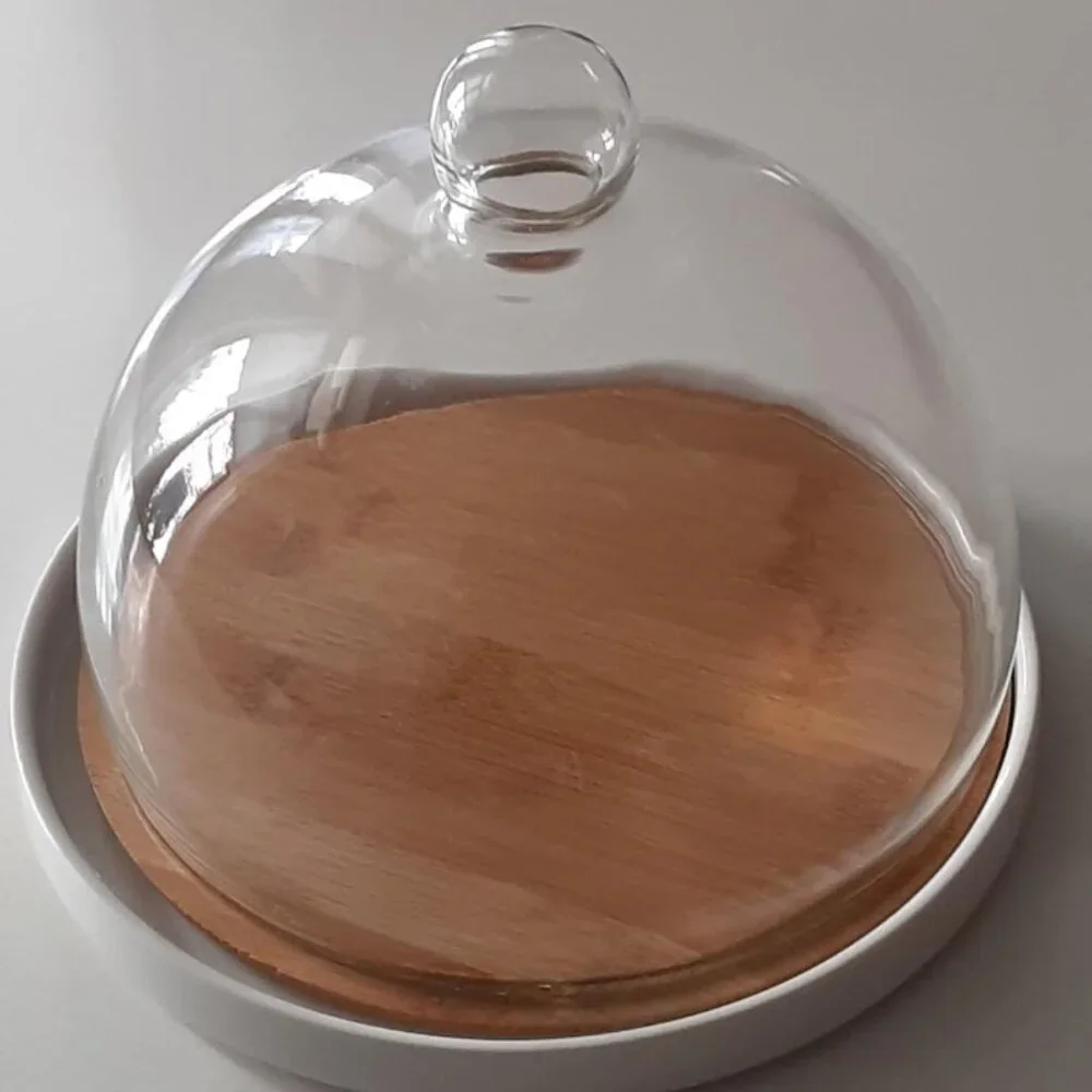 Wood & Ceramic CHEESE BOARD with Glass Dome Cover